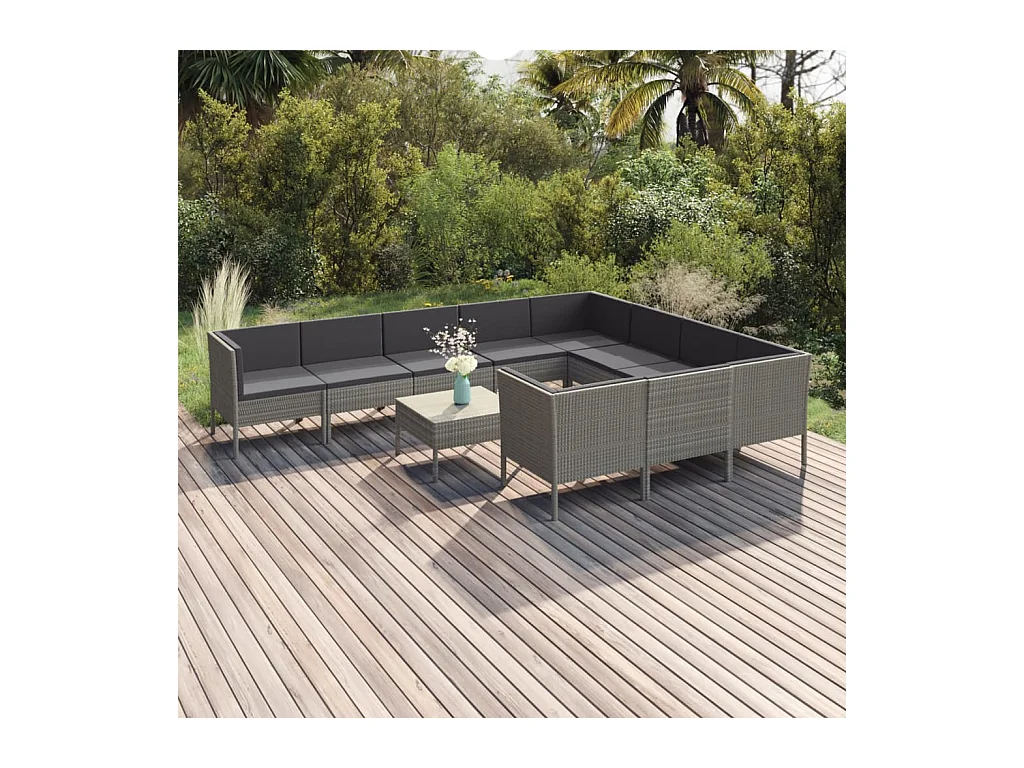 Salon de jardin 11 pièces avec coussins Résine tressée Gris