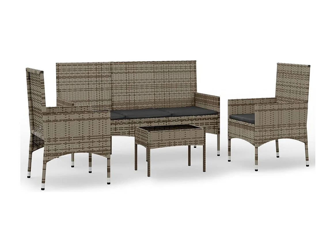 4 peças conjunto lounge de jardim c/ almofadões vime PE cinzento