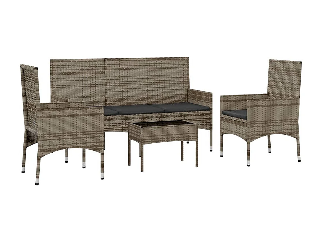 4 peças conjunto lounge de jardim c/ almofadões vime PE cinzento