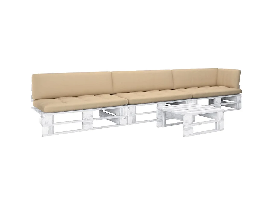 Salon de jardin palette 4 pièces et coussins pin imprégné de blanc