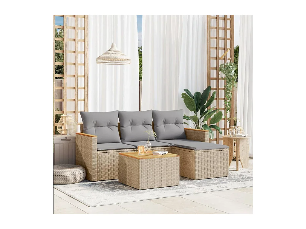 Salon de jardin avec coussins 5 pièces beige résine tressée