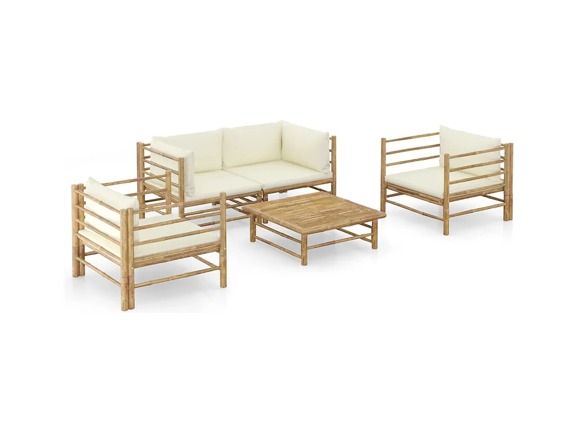 Salon de jardin 5 pièces avec coussins blanc crème Bambou