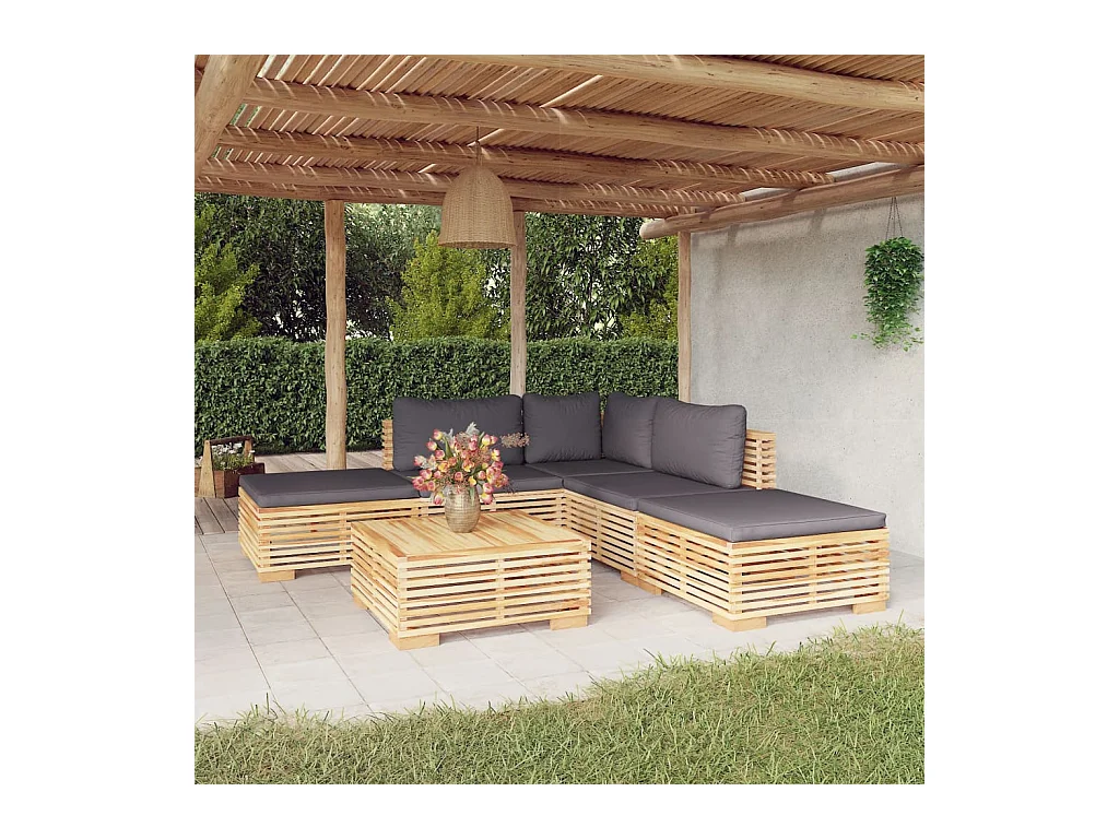 Salon de jardin 6 pièces avec coussins Bois de teck solide