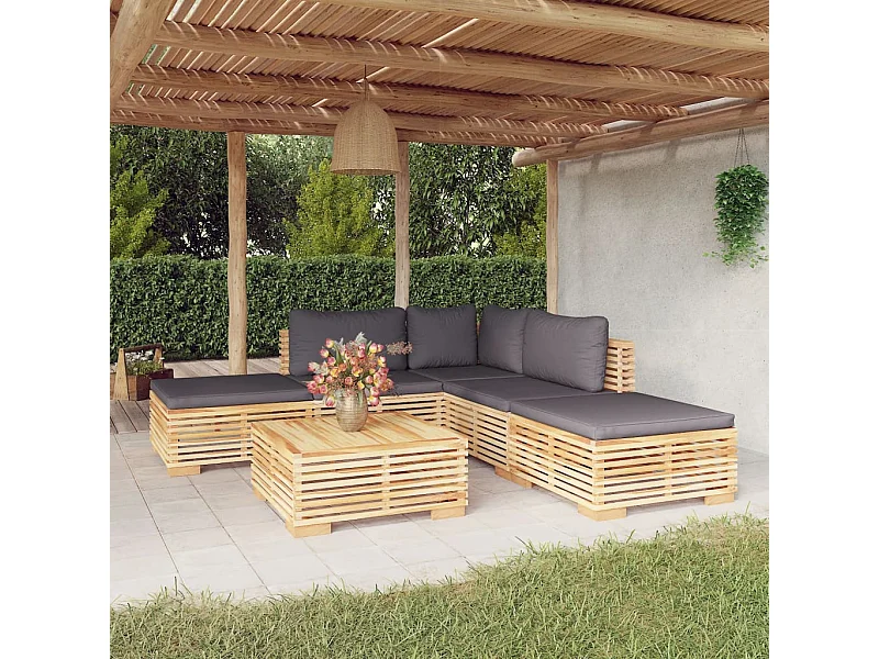 Juego muebles de jardín 6 piezas y cojines madera maciza teca