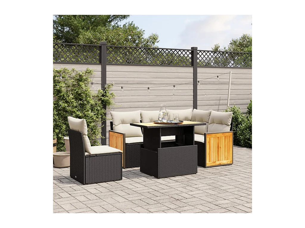 Salon de jardin 6 pièces avec coussins noir résine tressée
