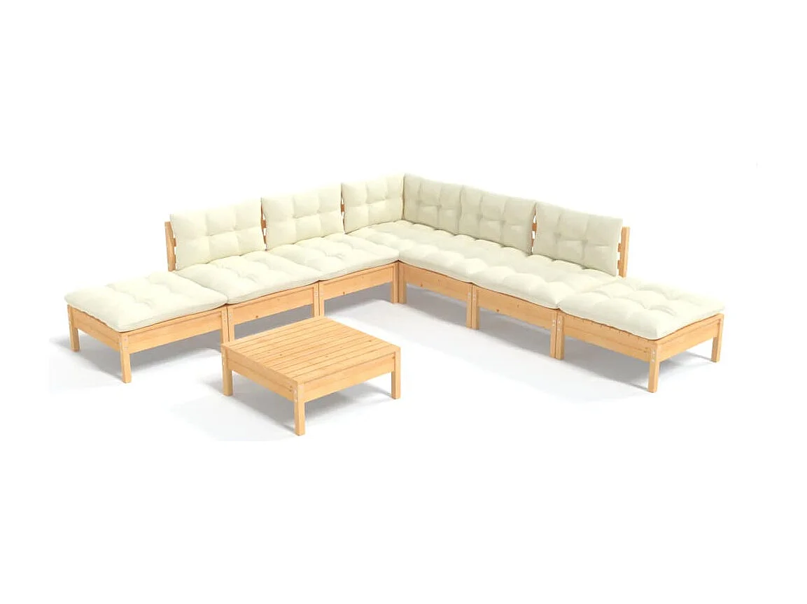 Salon de jardin 8 pièces avec coussins crème Bois de pin