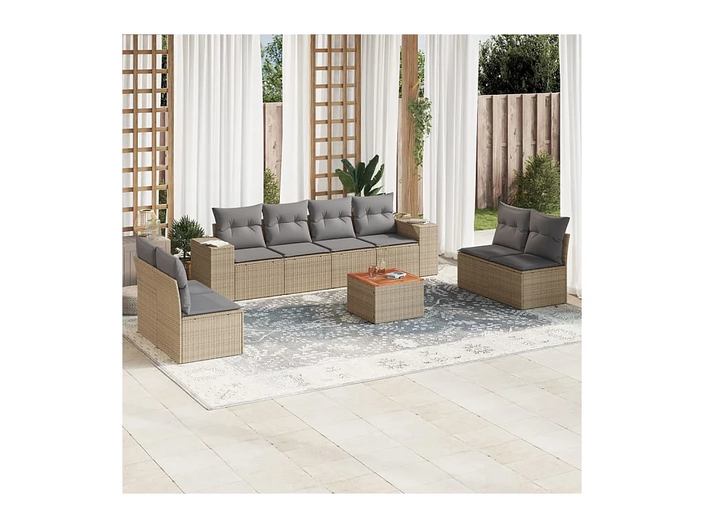 Salon de jardin avec coussins 9 pièces beige résine tressée
