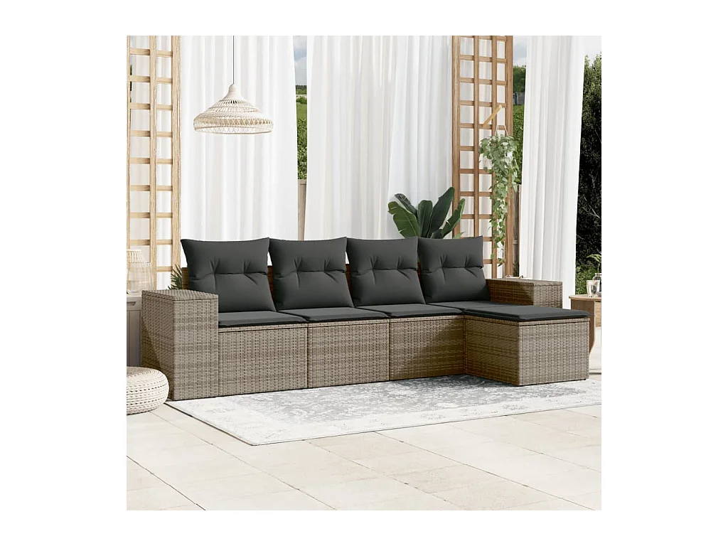 Salon de jardin 5 pièces avec coussins gris résine tressée
