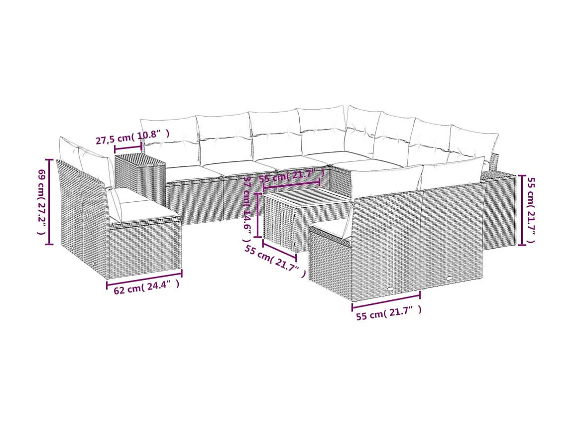 Salon de jardin 12 pièces avec coussins noir résine tressée