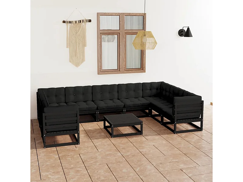 10 peças conjunto longue jardim c/ almofadões pinho maciço preto