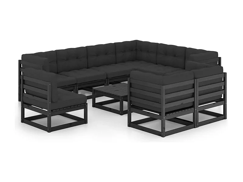 Set de muebles de jardín 10 piezas con cojines madera pino negro