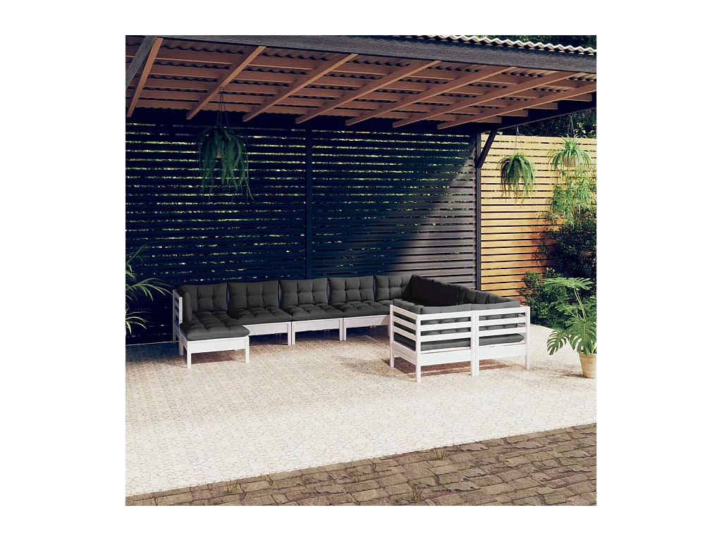 Salon de jardin 10 pièces avec coussins blanc bois de pin
