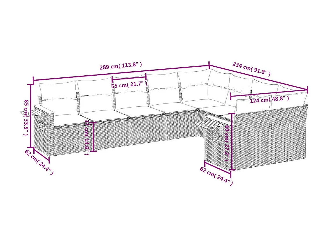 9 peças conjunto de sofás p/ jardim com almofadões vime PE bege