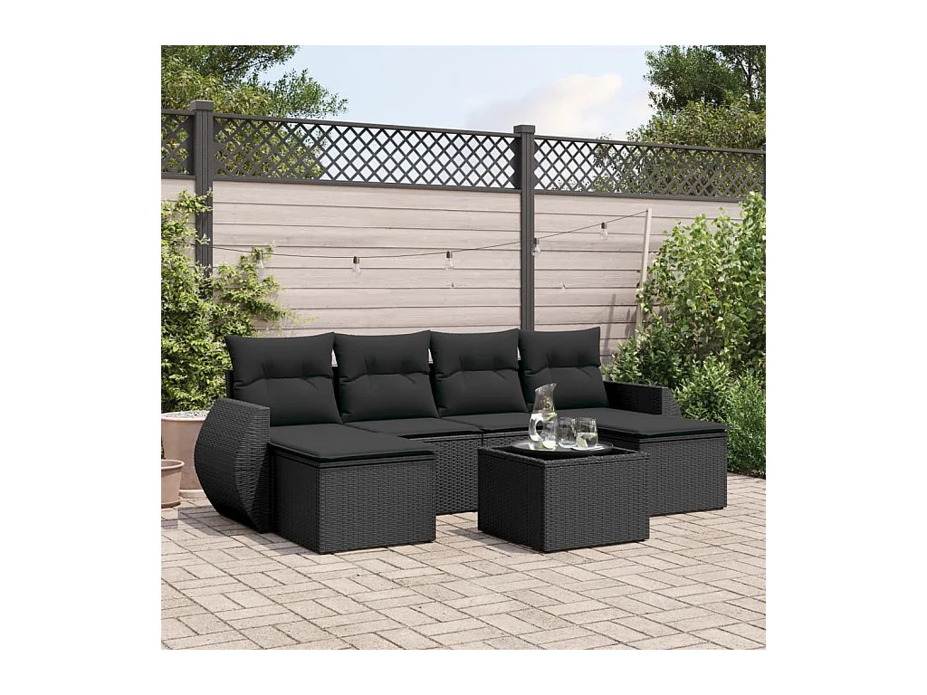 Salon de jardin 7 pièces avec coussins noir résine tressée