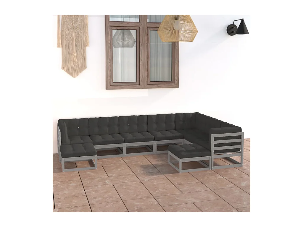 Juego de muebles de jardín 9 piezas y cojines madera maciza pino