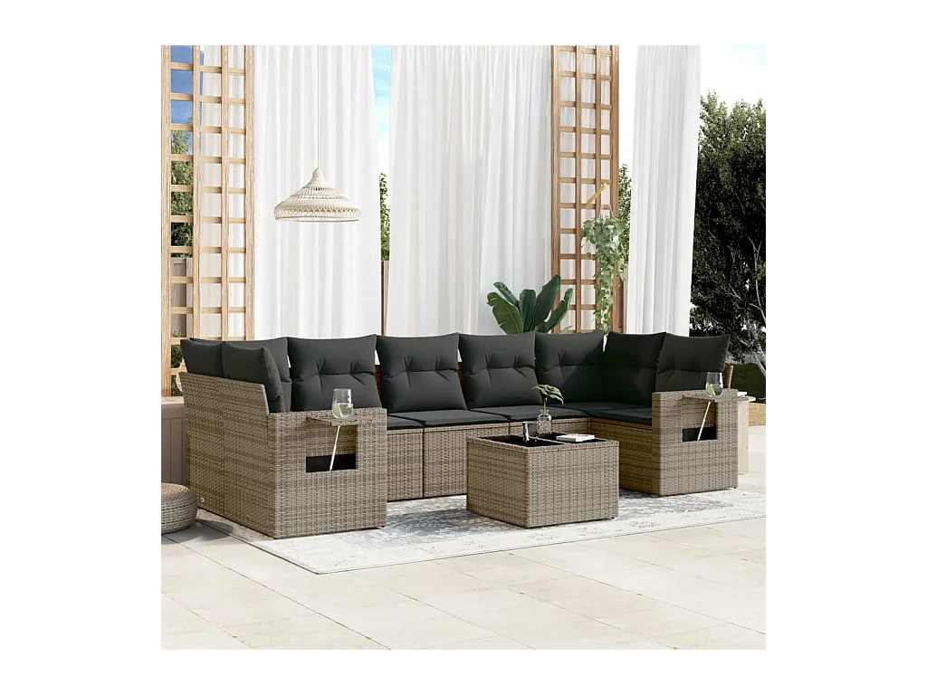 Salon de jardin 8 pièces avec coussins gris résine tressée