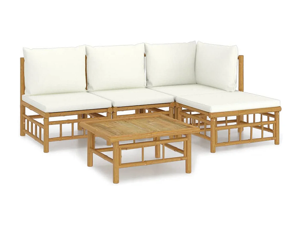 Salon de jardin 5 pièces avec coussins blanc crème bambou