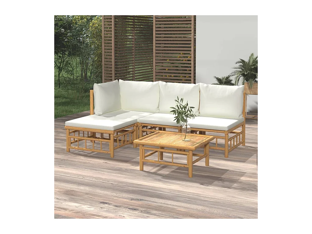 Salon de jardin 5 pièces avec coussins blanc crème bambou