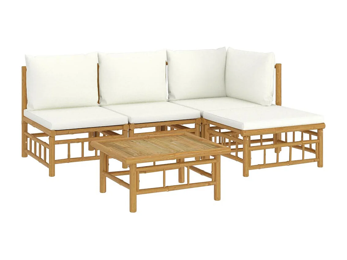 Salon de jardin 5 pièces avec coussins blanc crème bambou