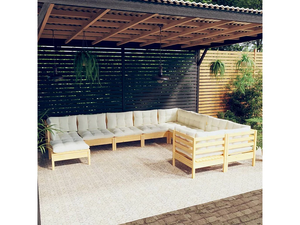 Salon de jardin 10 pièces avec coussins crème Bois de pin