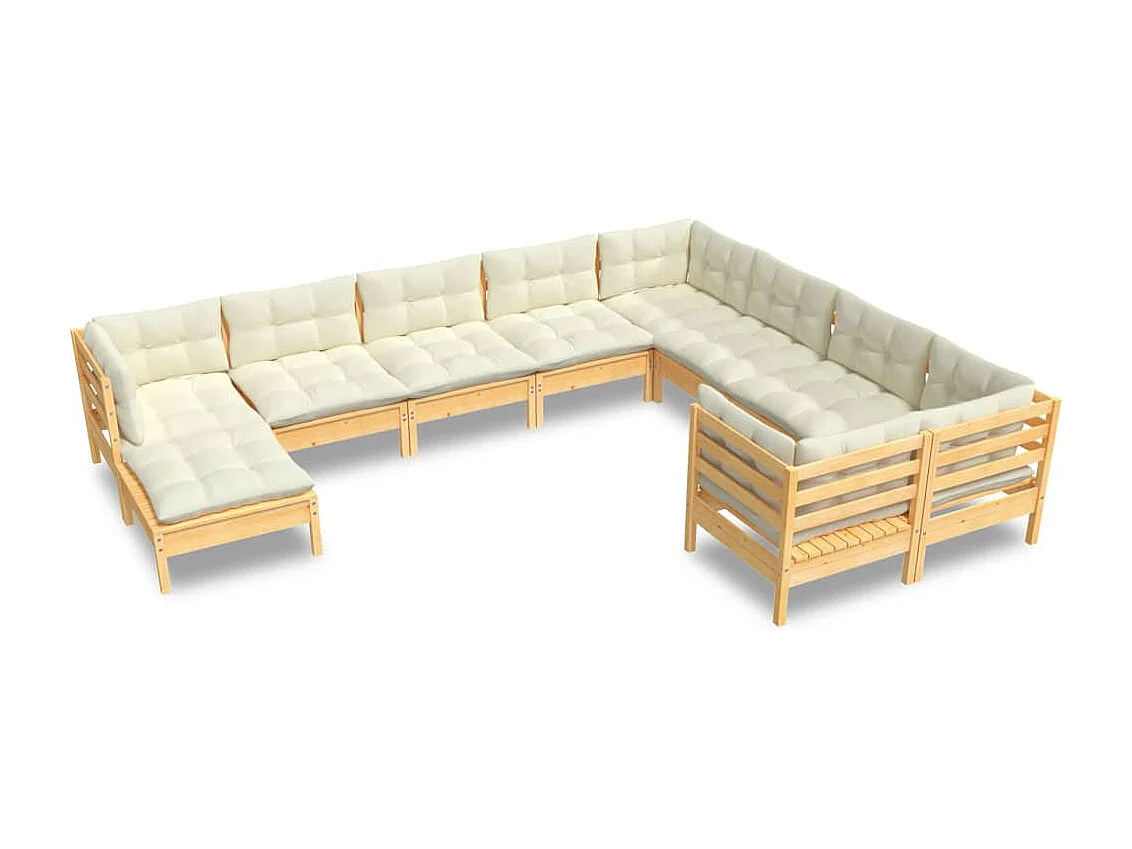 Salon de jardin 10 pièces avec coussins crème Bois de pin