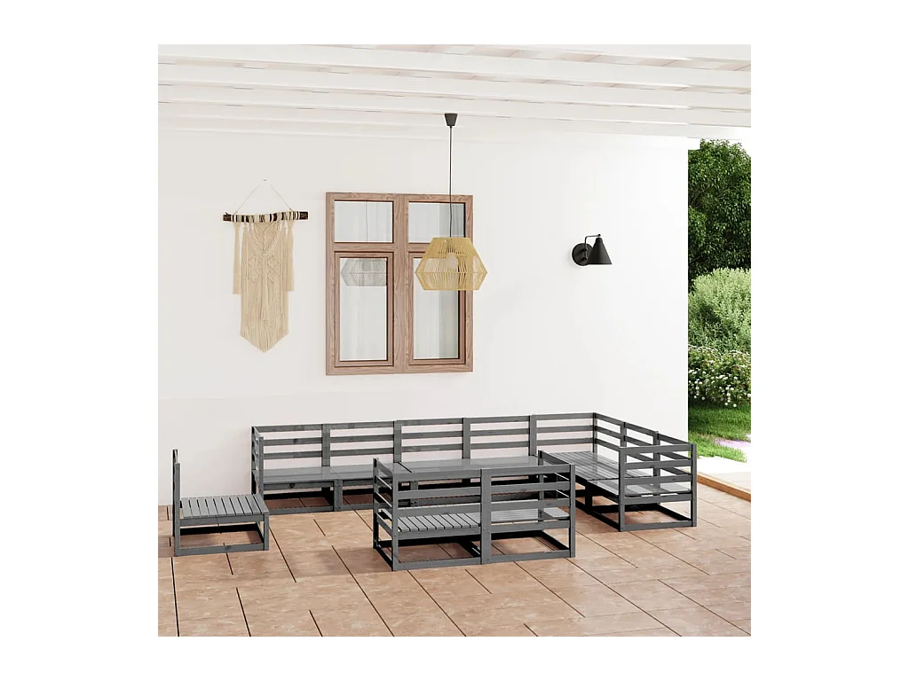 10-delige Loungeset massief grenenhout grijs