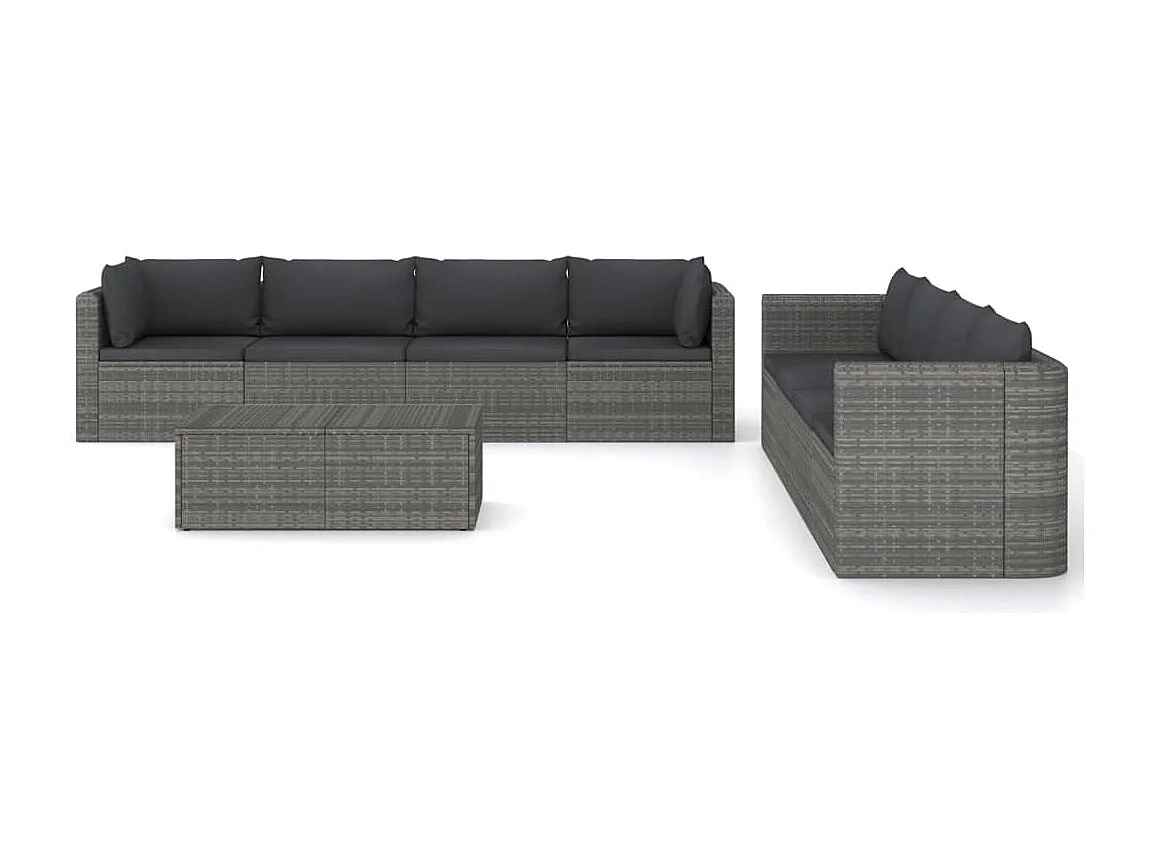 9 peças conjunto lounge de jardim c/ almofadões vime PE cinzento