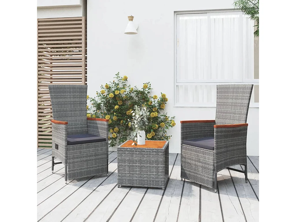 3 peças conjunto lounge de jardim vime PE/acácia maciça cinza