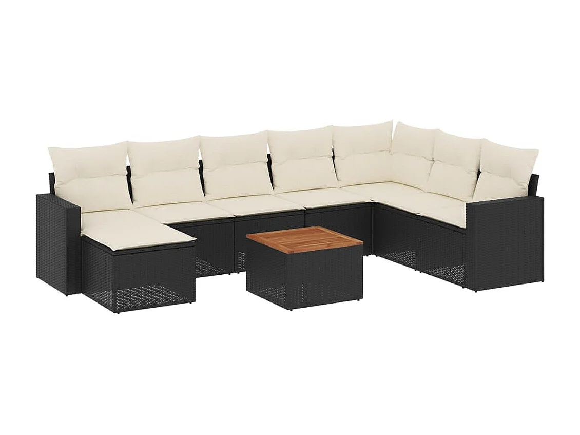 9-delige Loungeset met kussens poly rattan zwart