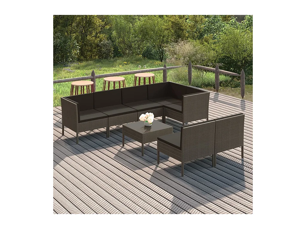 8-delige Loungeset met kussens poly rattan grijs