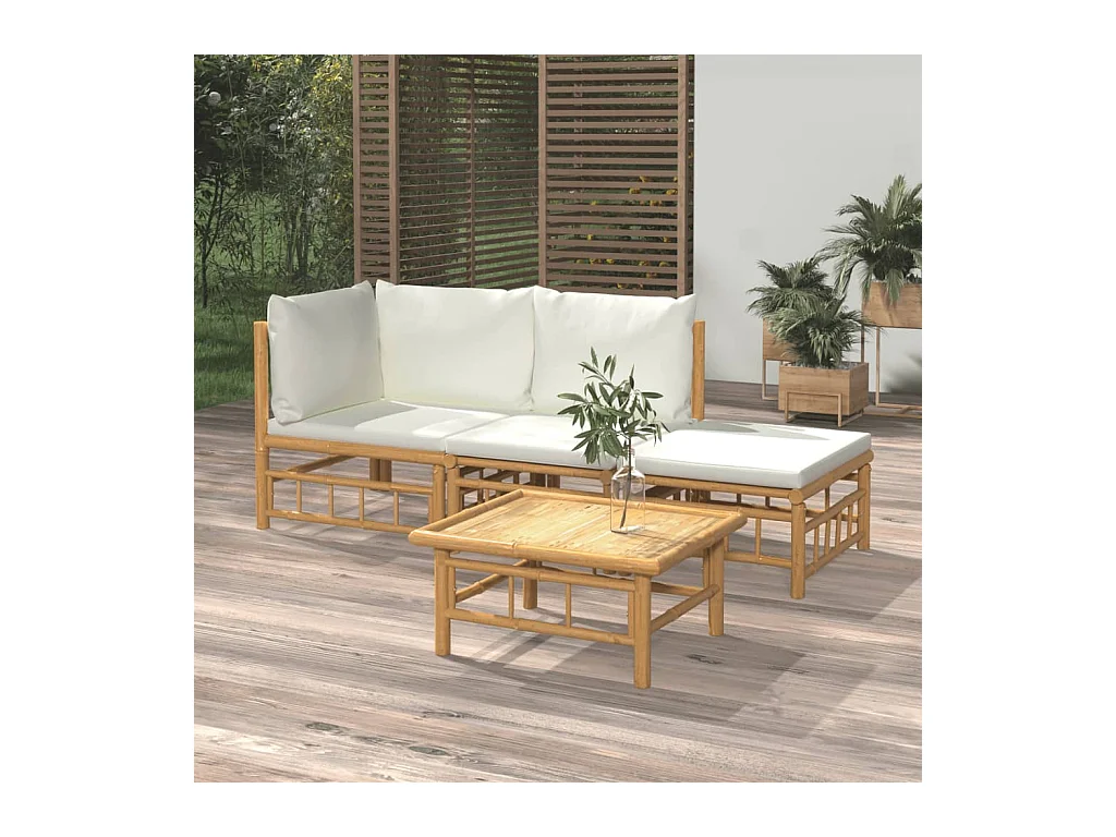 Salon de jardin 4 pièces avec coussins blanc crème bambou