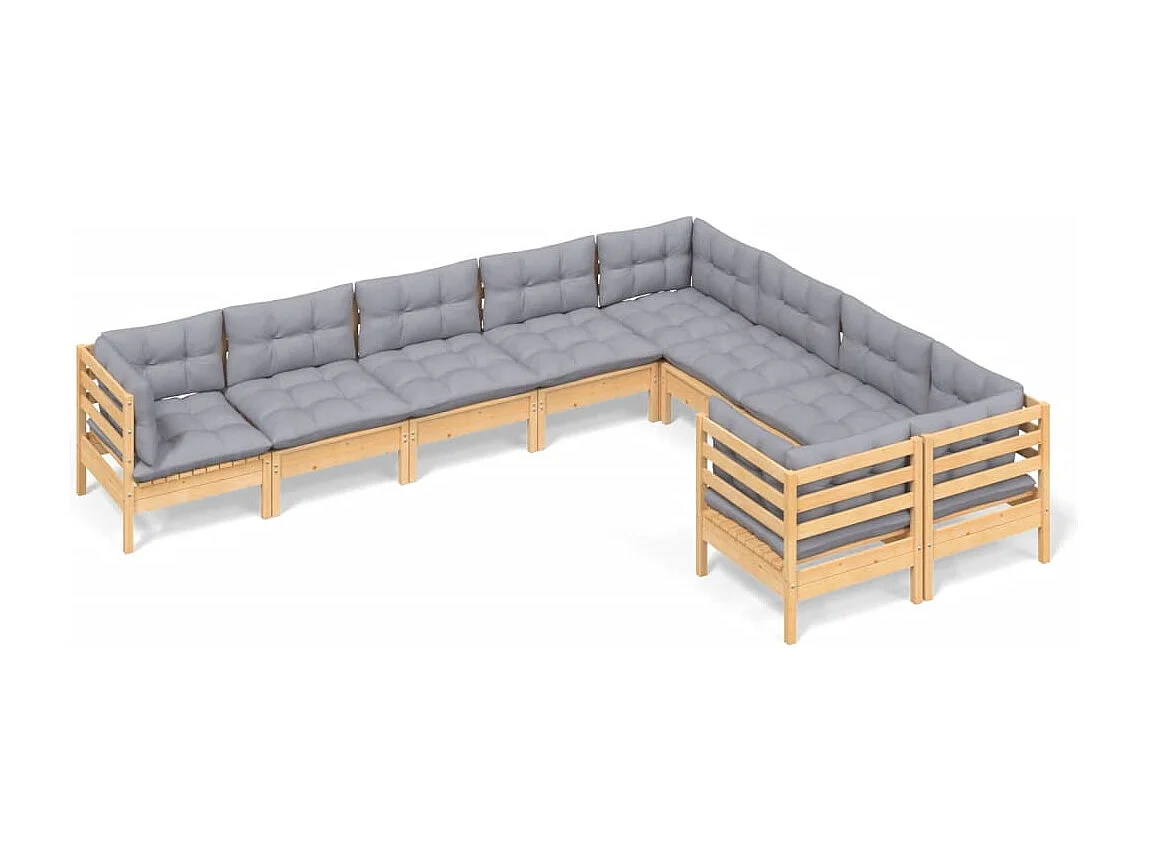 9 peças conjunto lounge de jardim c/ almofadões cinzentos pinho