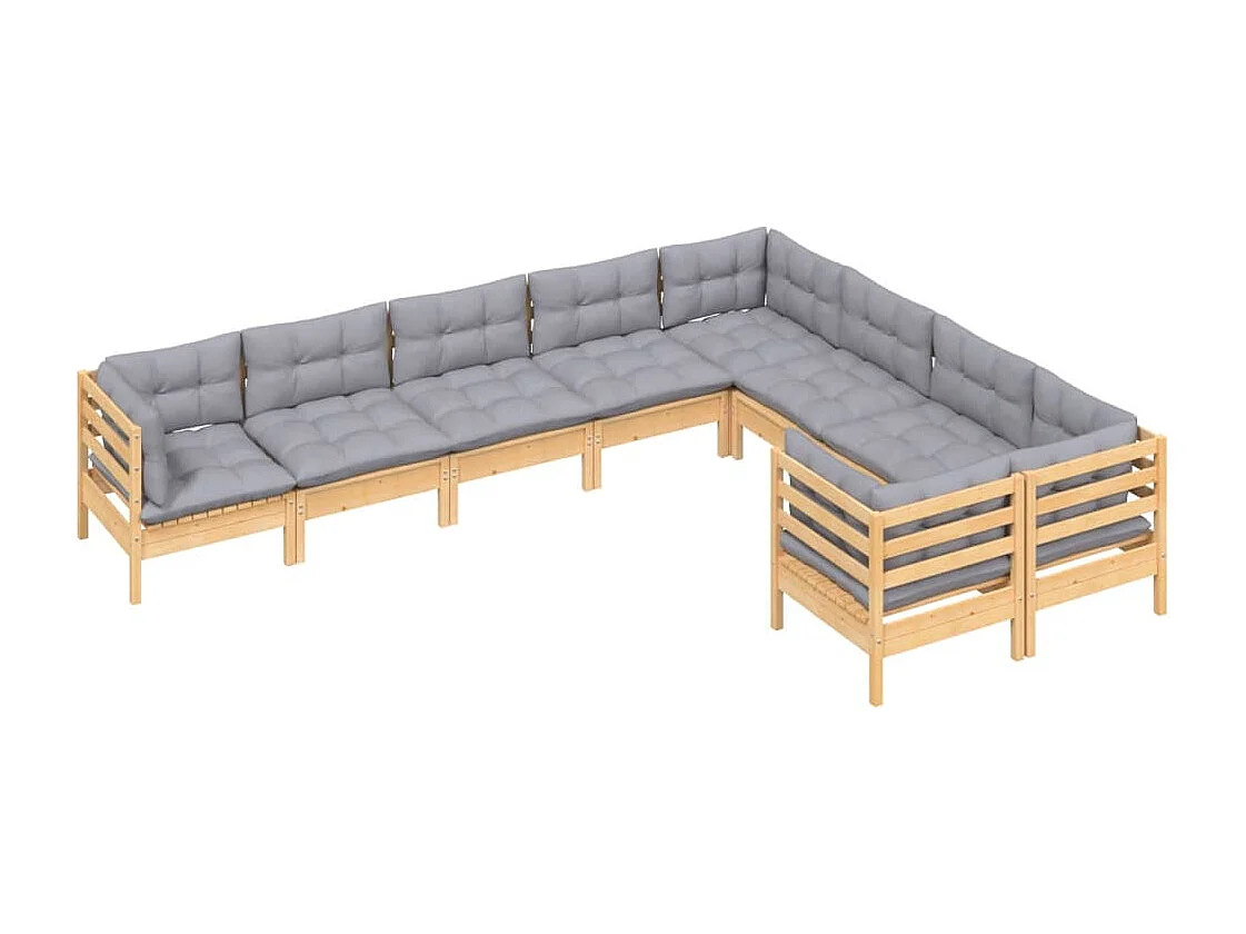 9 peças conjunto lounge de jardim c/ almofadões cinzentos pinho