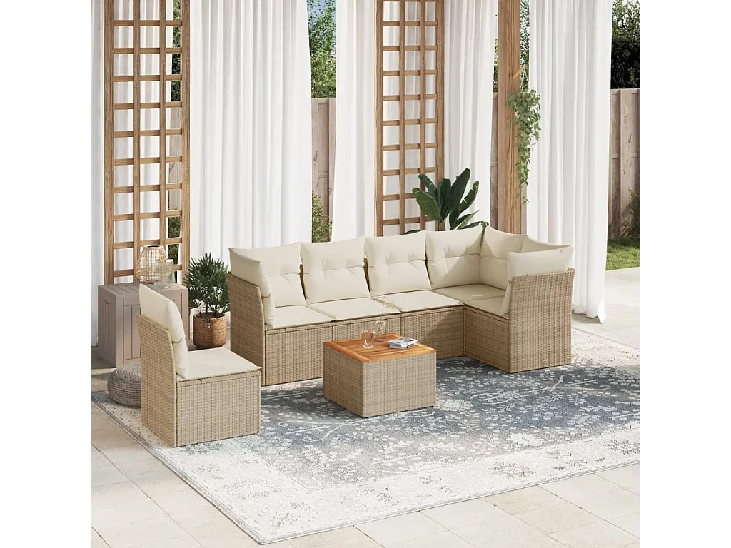 7-delige Loungeset met kussens poly rattan beige