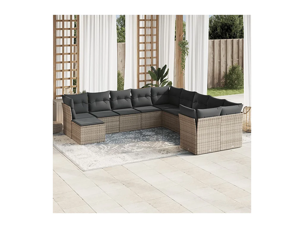 Salon de jardin 11 pièces avec coussins gris résine tressée