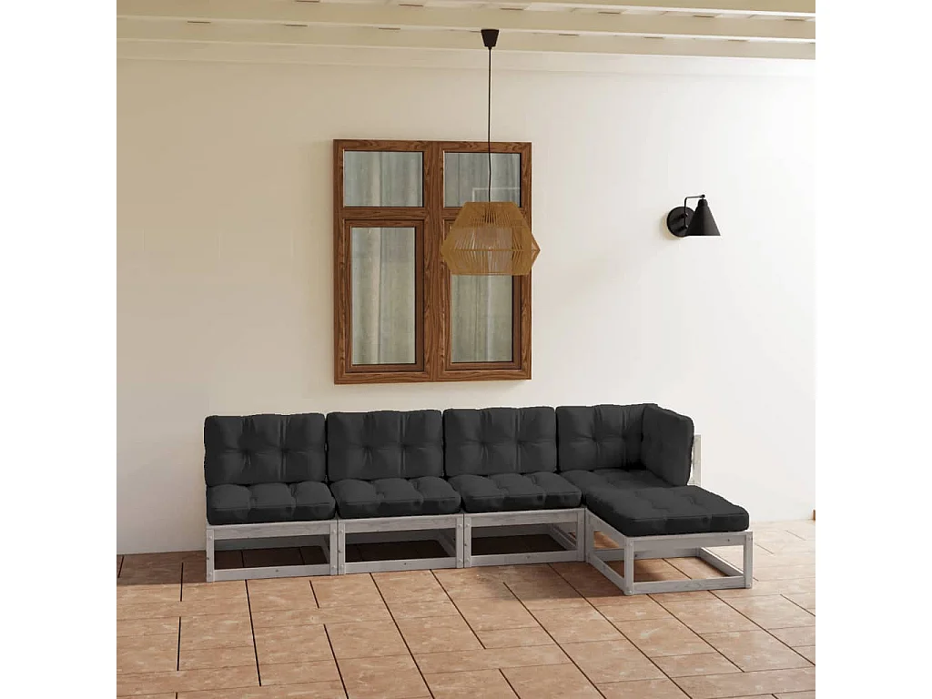 Juego de muebles de jardín 5 piezas y cojines madera pino maciza