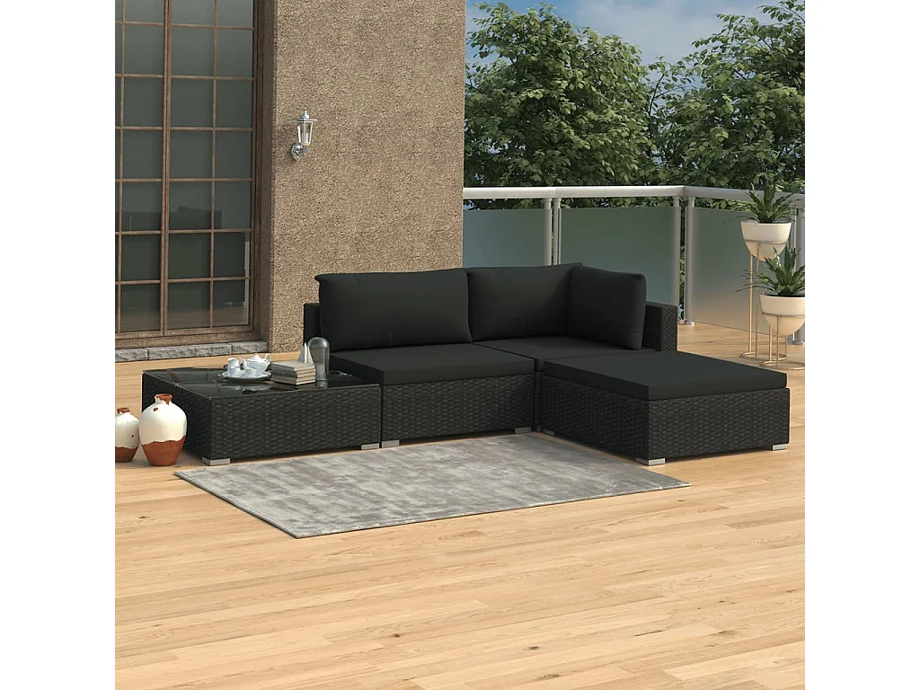 Salon de jardin 4 pièces avec coussins Résine tressée Noir