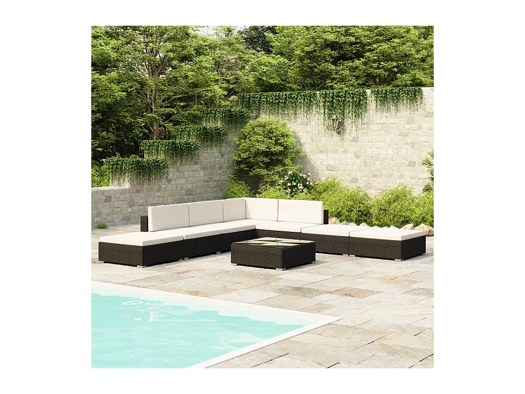 Salon de jardin 8 pièces avec coussins Résine tressée Noir