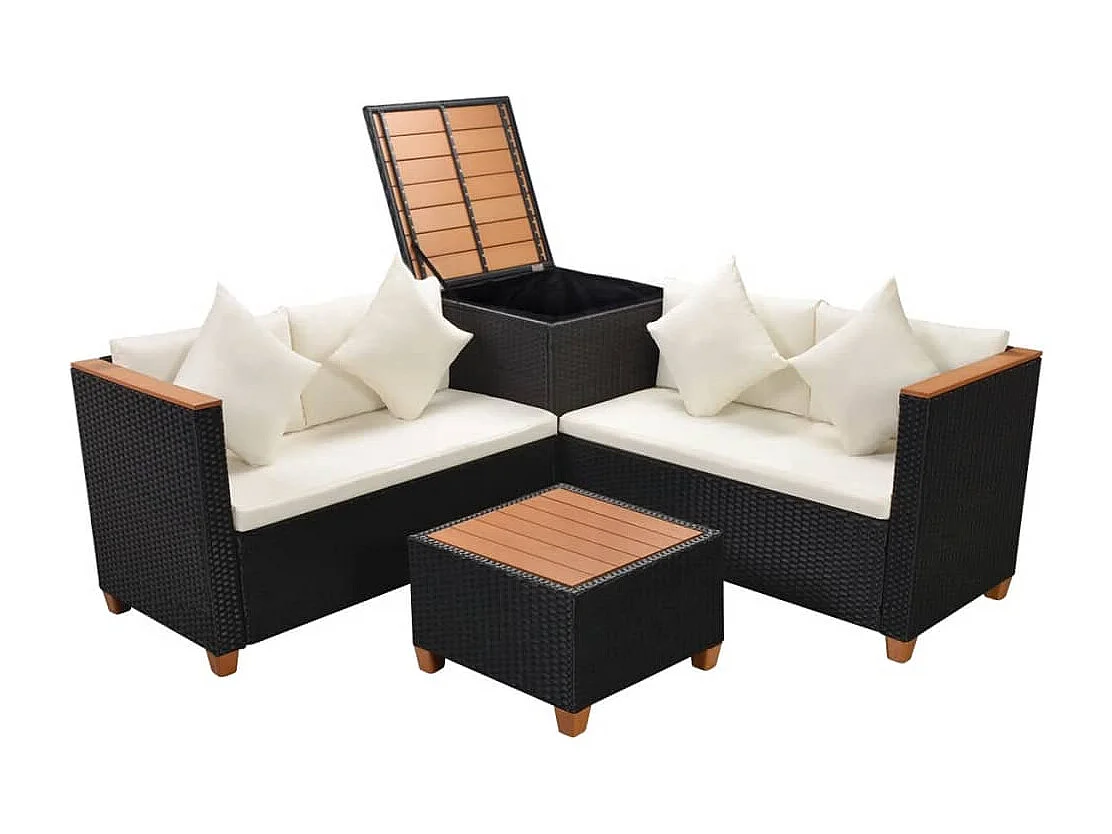 Muebles de jardín 4 piezas con cojines ratán sintético negro