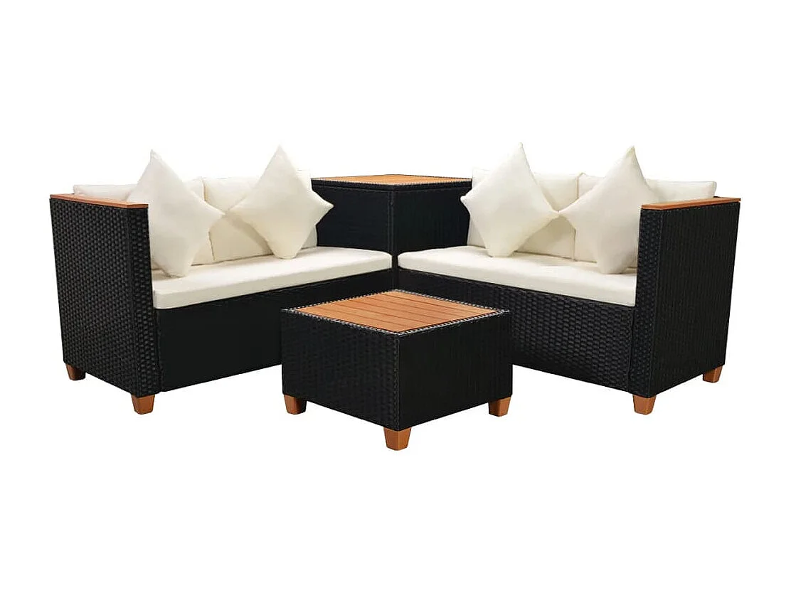 Muebles de jardín 4 piezas con cojines ratán sintético negro