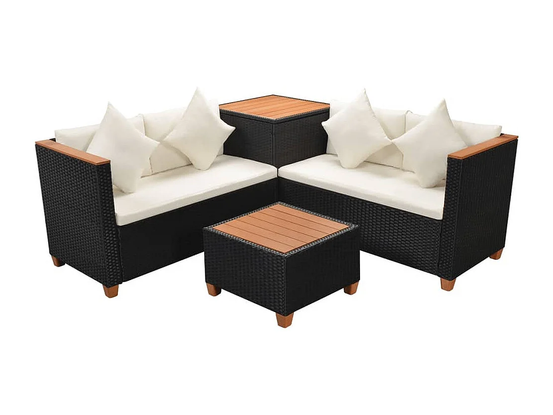 Muebles de jardín 4 piezas con cojines ratán sintético negro