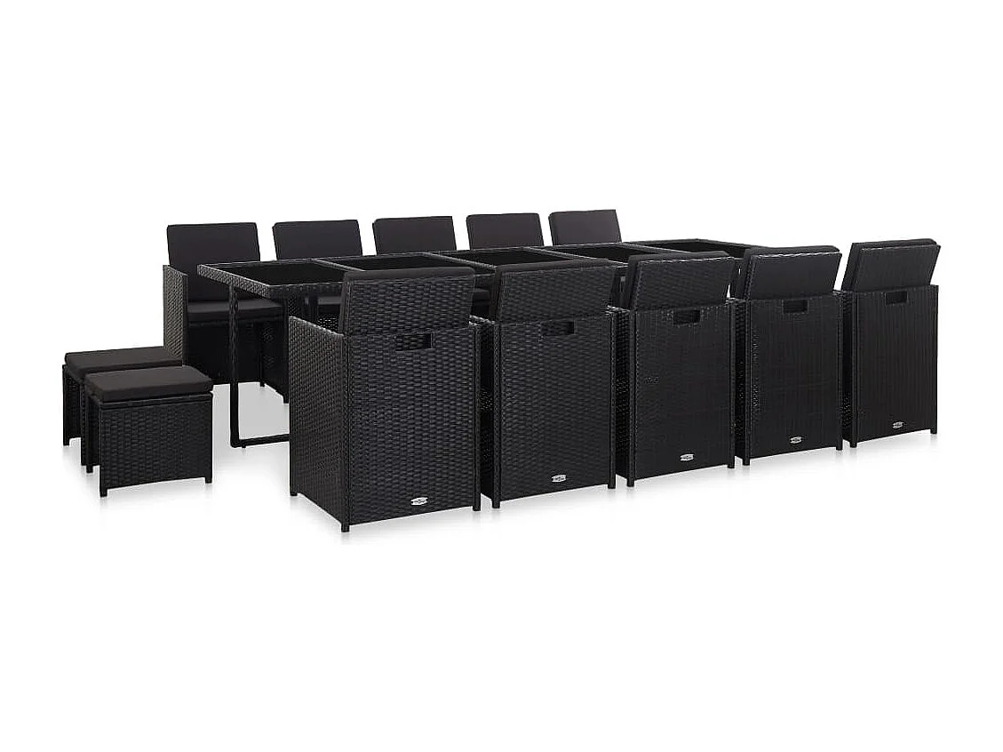 Set comedor de jardín 15 piezas y cojines ratán sintético negro