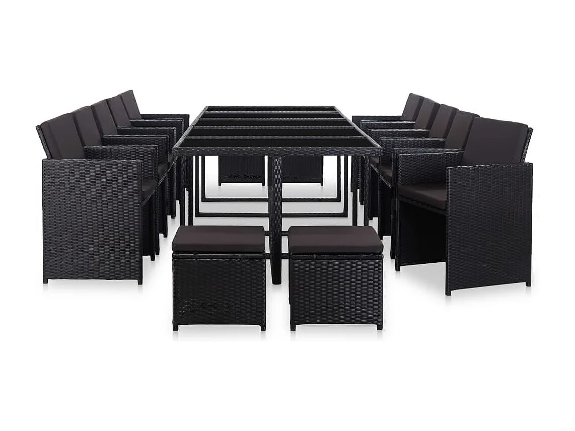 Set comedor de jardín 15 piezas y cojines ratán sintético negro