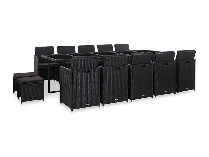 Set comedor de jardín 15 piezas y cojines ratán sintético negro