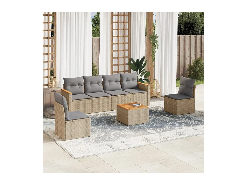 Salon de jardin avec coussins 7 pièces mélange beige résine tressée
