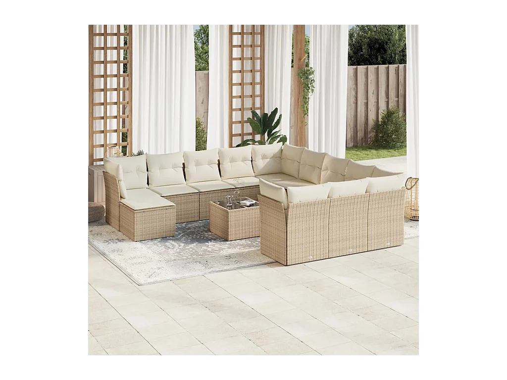 Salon de jardin avec coussins 13 pièces beige résine tressée
