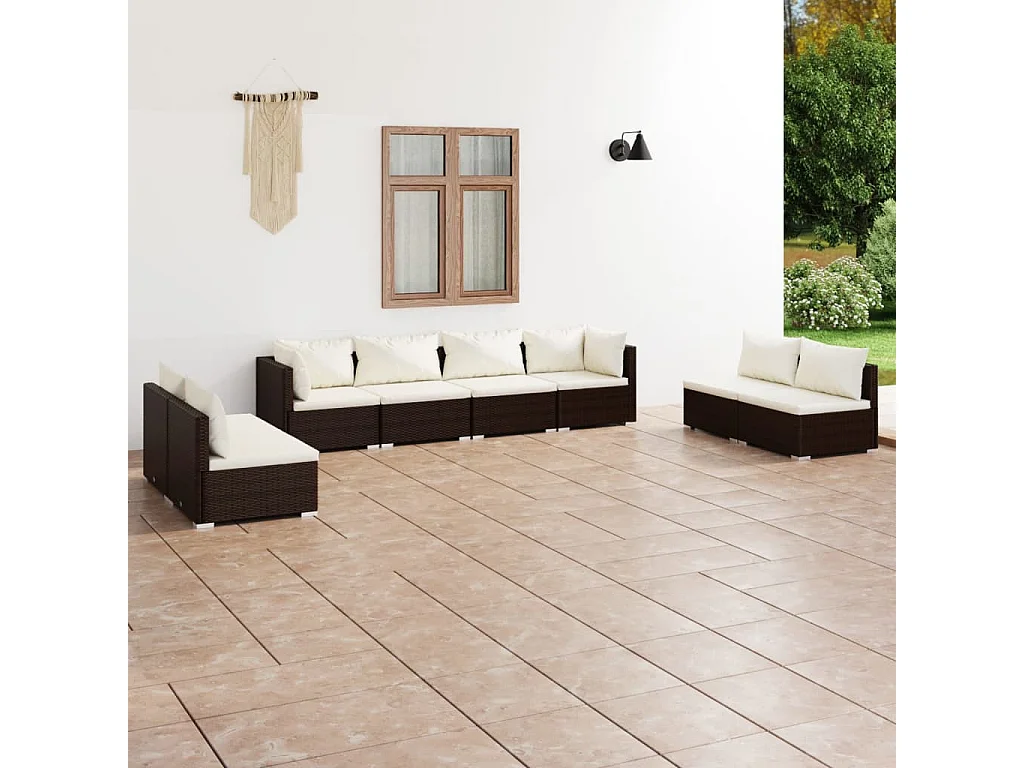 8-delige Loungeset met kussens poly rattan bruin
