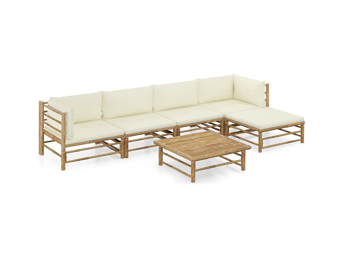 Salon de jardin 6 pièces avec coussins blanc crème Bambou
