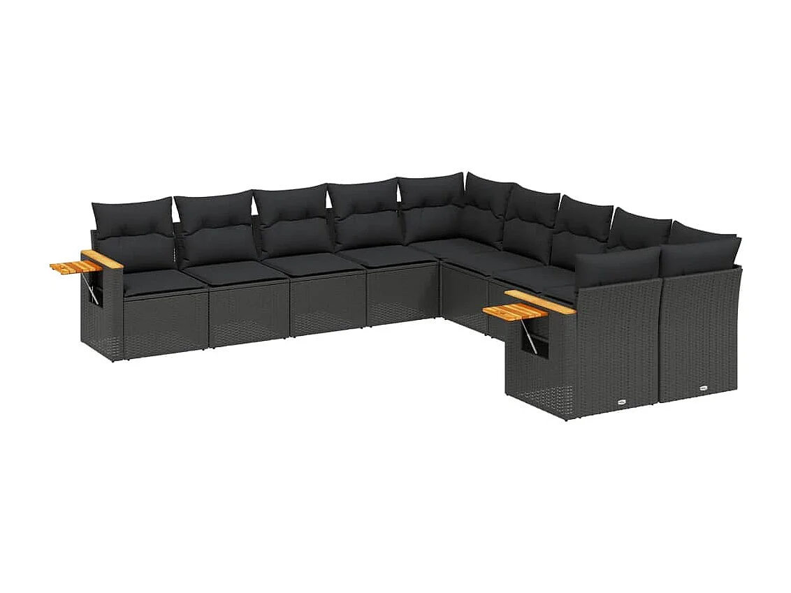 Salon de jardin 10 pièces avec coussins noir résine tressée
