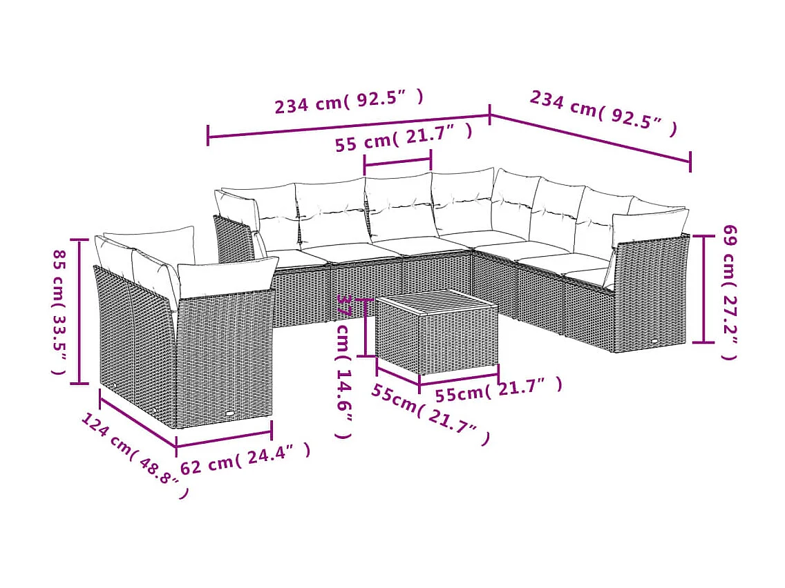 Salon de jardin 11 pièces avec coussins beige résine tressée